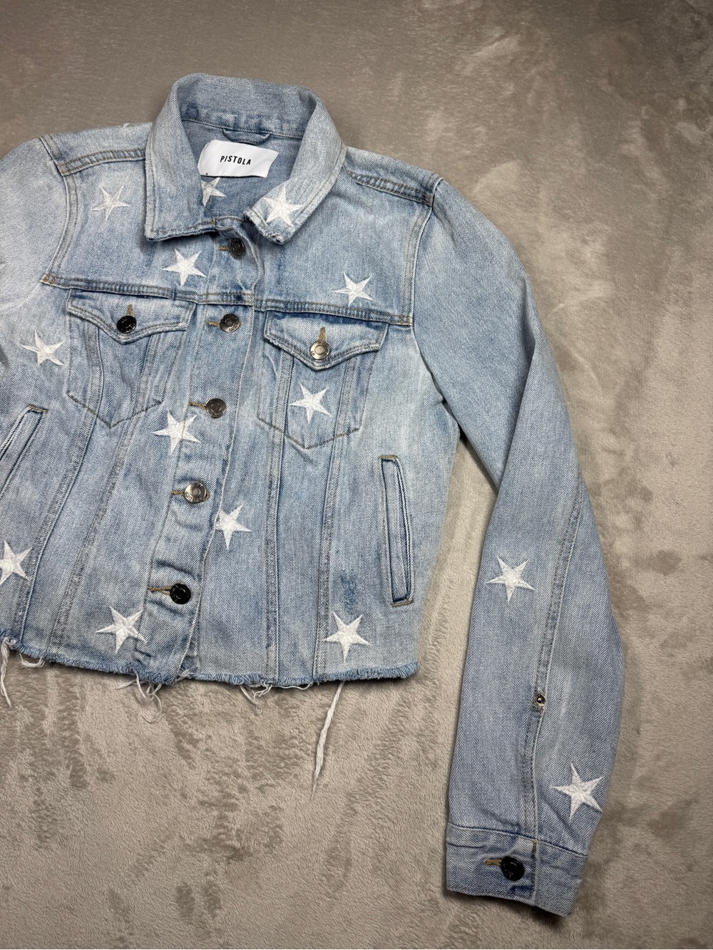 Pistola Brando Embroidered Star Distressed Cut Off Denim Blue Jean Jacket Small - Picture 6 of 15
